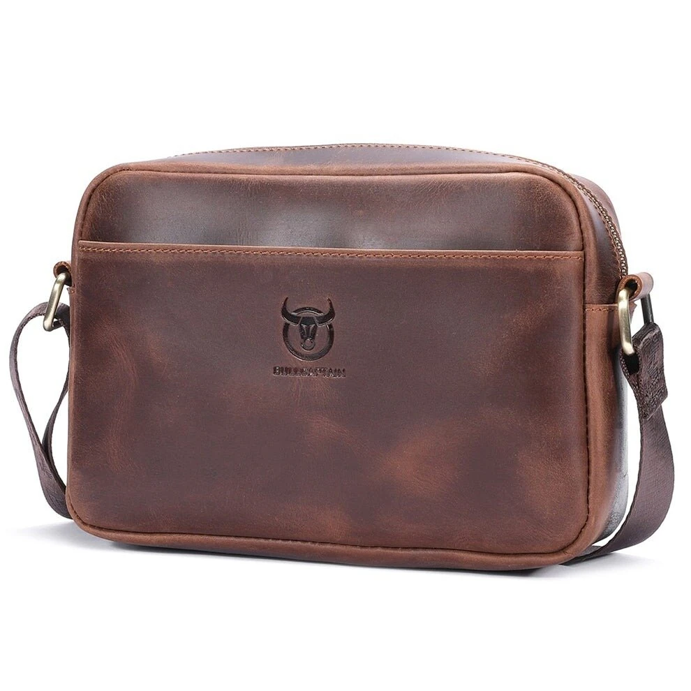 (image for) BULLCAPTAIN Men's Genuine Leather Shoulder Bag Retro Large Capacity Travel Bag Crazy Horse Leather Crossbody Bag Messenger Bag